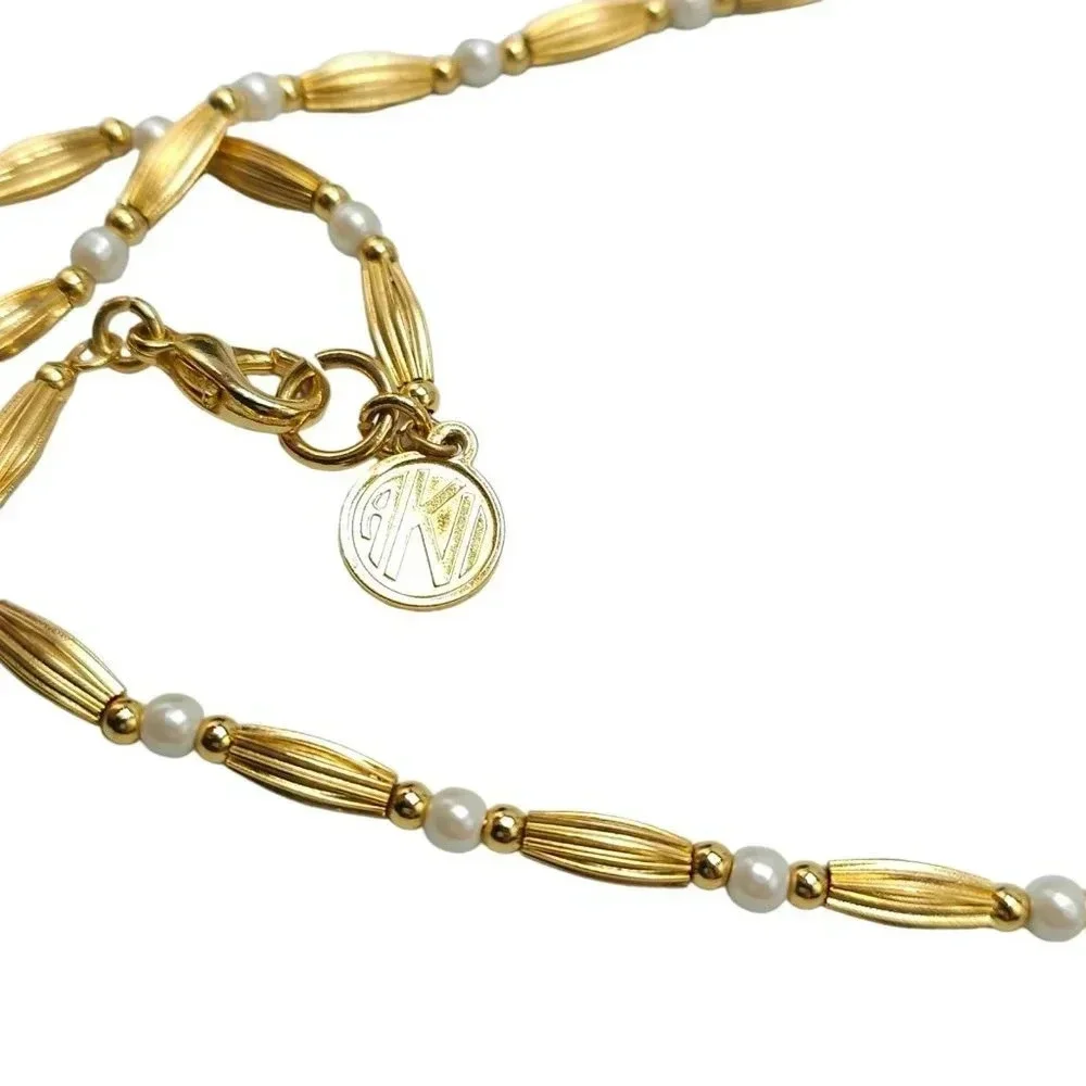 Anne Klein Faux Pearl Beaded Rice Beads Chain Necklace Gold Tone Vintage
